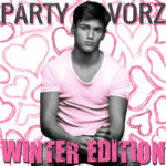A grayscale young man in a short-sleeve shirt tinted pink sits center-front with clasped hands against a white background filled with hand-drawn pink hearts, large distressed PARTY FAVORZ and WINTER EDITION text framing the composition, artwork for Party Favorz episode Circuit House Winter Edition 2014: Club Anthems Mix.