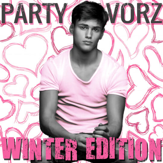 A grayscale young man in a short-sleeve shirt tinted pink sits center-front with clasped hands against a white background filled with hand-drawn pink hearts, large distressed PARTY FAVORZ and WINTER EDITION text framing the composition, artwork for Party Favorz episode Circuit House Winter Edition 2014: Club Anthems Mix.