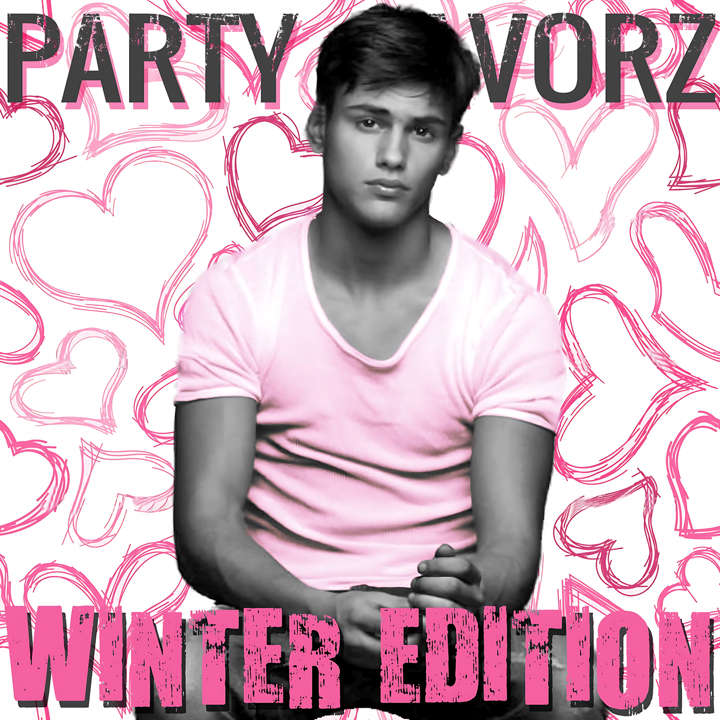 A grayscale young man in a short-sleeve shirt tinted pink sits center-front with clasped hands against a white background filled with hand-drawn pink hearts, large distressed PARTY FAVORZ and WINTER EDITION text framing the composition, artwork for Party Favorz episode Circuit House Winter Edition 2014: Club Anthems Mix.