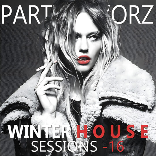 High-contrast black-and-white stylized portrait of a long-haired person with bright red lips holding a cigarette near their face, wearing a bulky shearling jacket against a dark textured background with bold white and red text, artwork for the Party Favorz episode Funky House Mix: Winter House Sessions 16 (2016).