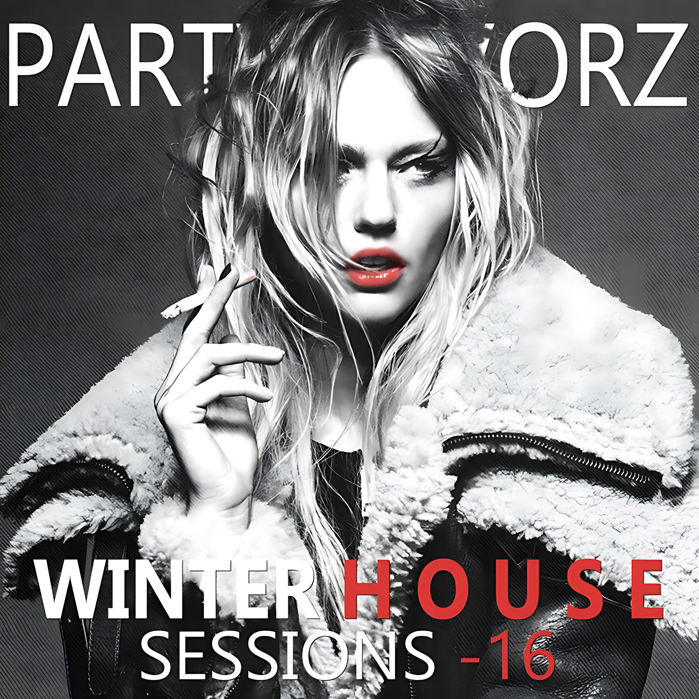 High-contrast black-and-white stylized portrait of a long-haired person with bright red lips holding a cigarette near their face, wearing a bulky shearling jacket against a dark textured background with bold white and red text, artwork for the Party Favorz episode Funky House Mix: Winter House Sessions 16 (2016).
