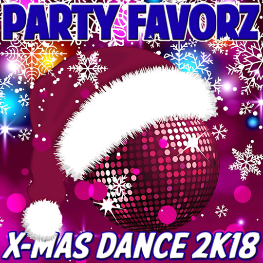 Bright magenta and purple background filled with white snowflakes and bokeh lights centers on a shiny pink disco ball wearing a red Santa hat trimmed in fluffy white fur, with bold blue “PARTY FAVORZ” text at the top — artwork for Party Favorz episode "Christmas Dance Mix: X-Mas Dance 2K18 (Non-stop Dance Mix)".