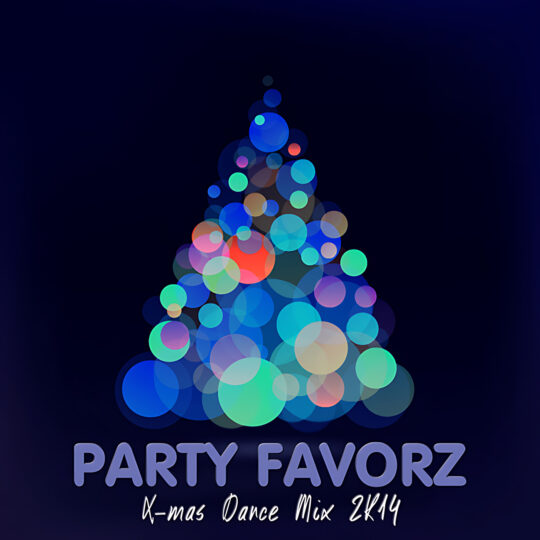 A stylized Christmas tree formed from overlapping translucent bokeh circles in blue, teal, purple, red and gold sits centered on a deep navy background above large rounded purple text reading 'PARTY FAVORZ' and a handwritten subtitle saying 'X-mas Dance Mix 2K14,' artwork for the Party Favorz episode 'Dance X-mas Mix 2K14: Christmas Dance Megamix'.