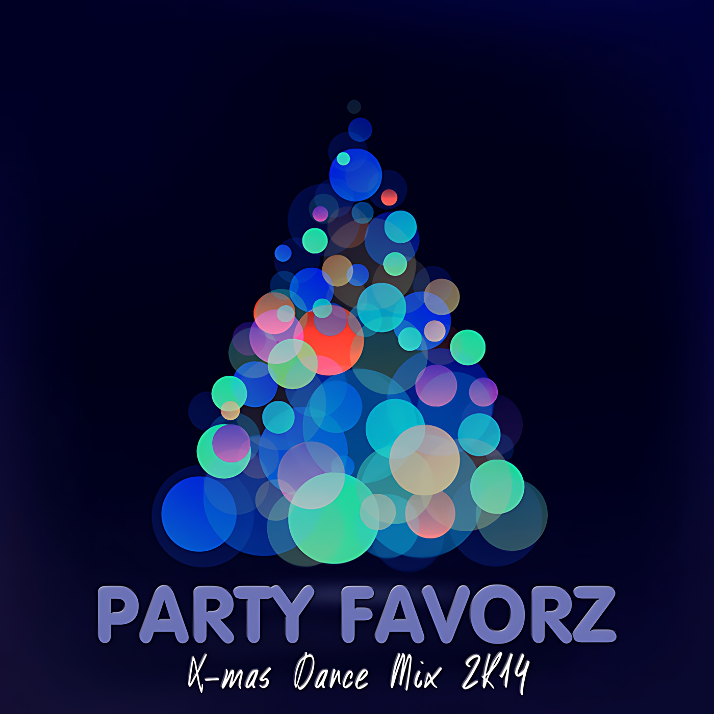 A stylized Christmas tree formed from overlapping translucent bokeh circles in blue, teal, purple, red and gold sits centered on a deep navy background above large rounded purple text reading 'PARTY FAVORZ' and a handwritten subtitle saying 'X-mas Dance Mix 2K14,' artwork for the Party Favorz episode 'Dance X-mas Mix 2K14: Christmas Dance Megamix'.