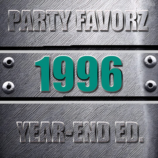 Coverart for the Top Dance Songs of 1996 with the biggest dance songs of the year against a steel background with bolts