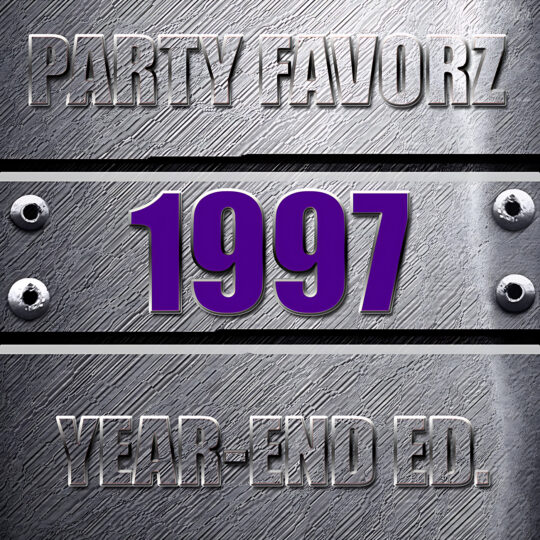 Coverart for the Top Dance Songs of 1997 with the biggest dance songs of the year against a steel background with bolts