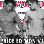 Gay Pride Edition 2010 Volume 1 Two shirtless young men shown from waist up, facing each other and tugging at their low-rise pants, rendered in high-contrast black-and-white with pink and red logo accents and repeating circular “GET EQUAL” motifs behind them, bold white text along the bottom; artwork for the Party Favorz episode "Circuit & Anthems: Gay Pride Edition 2010 Volume 1.