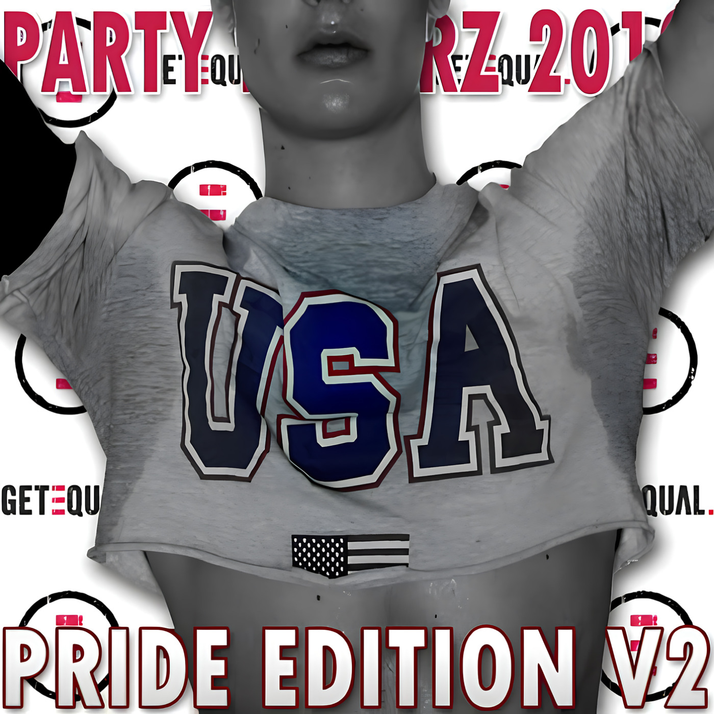 A cropped, high-contrast photo shows a person raising their arms as a wet, cropped gray T‑shirt printed with large navy-and-red “USA” letters and a small monochrome flag exposes the midriff and lower face against a white backdrop with repeated circular logos and bold red text, artwork for the Party Favorz episode “Electro-pop Pride Edition 2010 Vol.