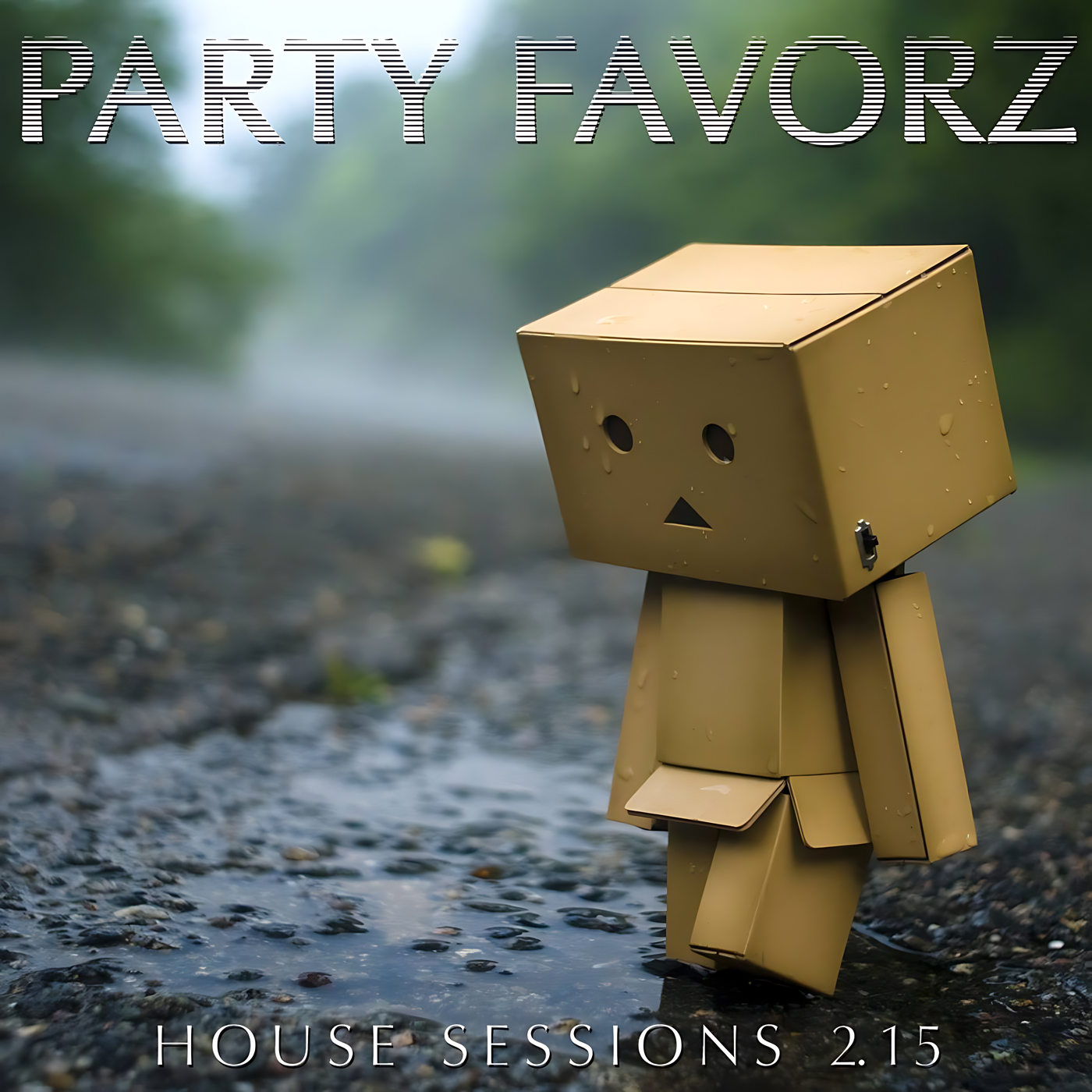 A small cardboard box figure with round eye holes and a triangular mouth stands on a wet pebbled path, raindrops beading on its surface against a blurred green background, large striped PARTY FAVORZ at the top and HOUSE SESSIONS 2.15 at the bottom, artwork for the Party Favorz episode Funky House Disco: House Sessions 2.15 (2015).