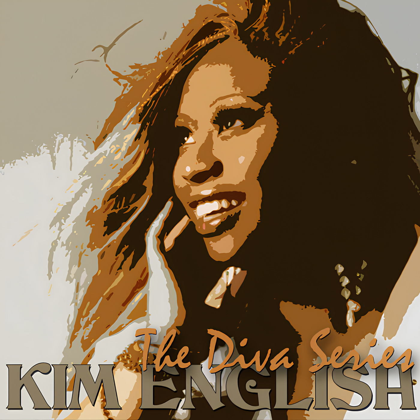 A poster-style, high-contrast illustration shows a smiling woman in three-quarter profile with long hair blown back, hand near her face and large earrings, rendered in warm tan, brown and cream tones with bold typographic name at bottom; artwork for the Party Favorz episode 'Circuit & House Diva: Kim English 2010 Volume 2.