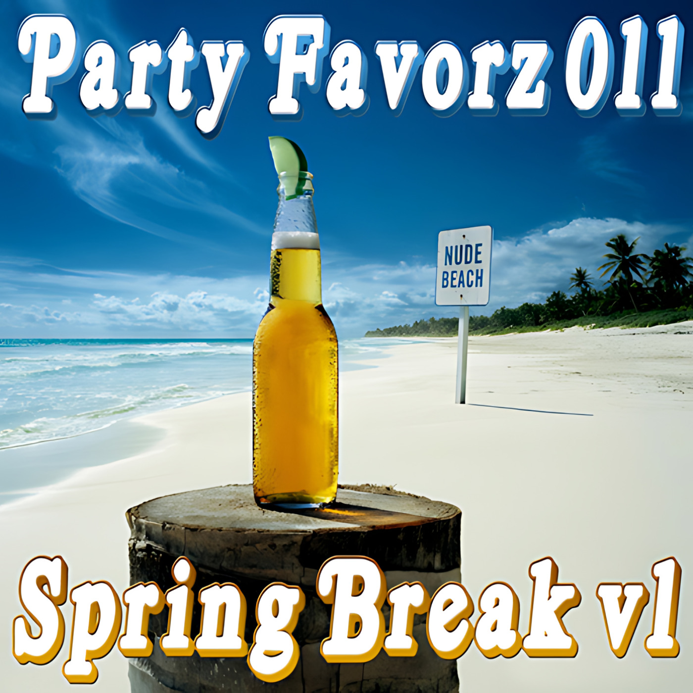 A chilled beer bottle with a lime wedge sits on a weathered wooden post in the foreground of a white-sand beach with turquoise water, a 'NUDE BEACH' sign and palm trees under a bright blue sky, artwork for Party Favorz episode 'Club Fusion Spring Break 2011: Volume 1 EDM Mix.
