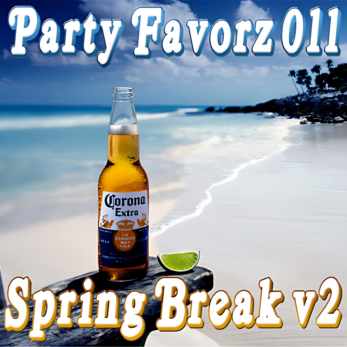 On a sunny beach with white sand, turquoise waves and distant palm trees, a chilled Corona Extra bottle and lime wedge sit on a dark driftwood log in the foreground, overlaid by large white-and-gold text; artwork for the Party Favorz episode Club Fusion: Spring Break 2011 | Volume 2 (EDM Mix).
