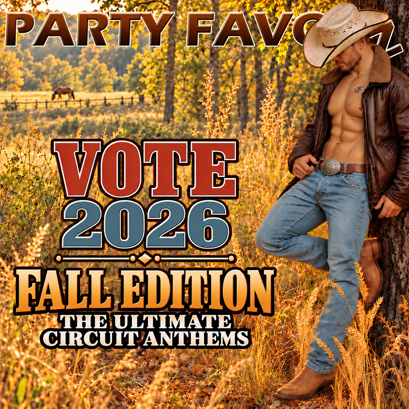 Party Favorz cover artwork featuring a bare-chested cowboy in an open brown leather jacket, jeans and cream cowboy hat, leaning against a tree amid golden autumn foliage. A horse grazes beyond a fence in the background. Text reads: “Party Favorz,” “Vote 2026,” “Fall Edition” and “The Ultimate Circuit Anthems.”