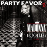 Party Favorz cover for Madonna: The Ultimate Bootleg Collection Volume 4, featuring a black-and-white portrait of Madonna in a dark hallway with a checkered floor, white crown, and red accents.